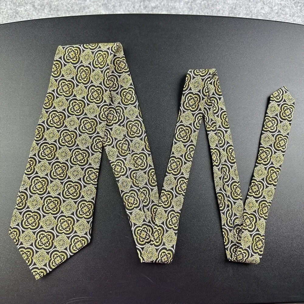 Christian Dior Silk Neck Tie Men Geometric Medallion Black Yellow Made in Canada